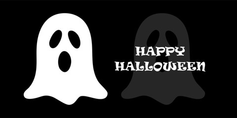 Halloween Ghost Pair with Spooky Typography on Black Background. This graphic is ideal for seasonal greetings, social media posts, party flyers, or Halloween-themed digital decorations.