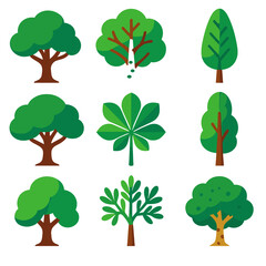 Fototapeta premium Bright Tree Icons. Flat vector icons of deciduous trees: oak tree with full green crown, maple tree with spreading branches, birch