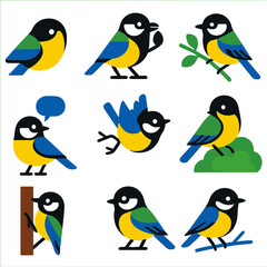 Obraz premium Colorful Tit Bird Icons. Flat vector icons of tit birds: abstract tit in geometric shapes, tit holding a seed, great tit on vine