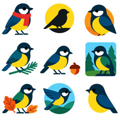 Naklejka premium Tit Bird Icons. Flat vector icons of tit birds: tit with winter scarf, tit on pine branch, tit next to acorn. Tit silhouette on