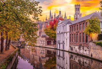Landscape with famous Groenerei canal and medieval buildings in Brugge, Belgium