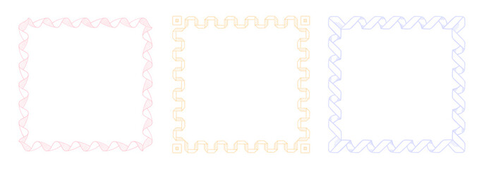 Set of geometric ribbon frames in pastel red, yellow, and blue. Decorative linear vector borders for design, cards, or packaging.