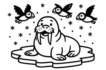 Cheerful Walrus Scene. Cheerful walrus sitting on ice with big tusks, puffins flying, and snowflakes falling, black and white line