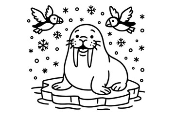 Fototapeta premium Cheerful Walrus Scene. Cheerful walrus sitting on ice with big tusks, puffins flying, and snowflakes falling, black and white line