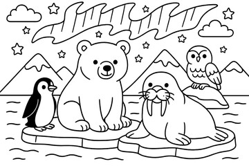 Arctic Animal Friends. Whimsical arctic scene with animals together: polar bear, penguin, walrus, and snowy owl under northern