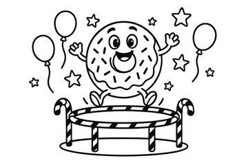 Donut Trampoline Fun. Playful donut with sprinkles jumping on a trampoline made of candy canes with stars and balloons, black and