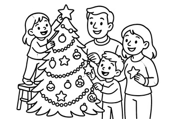 Family Christmas Decorating. Smiling family decorating a Christmas tree with stars, toys, and garlands, black and white line art,