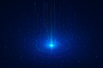 Abstract digital portal with glowing concentric circular rings and vertical luminous light streams representing futuristic technology and AI