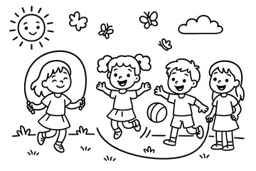 Playful Recess Sketch. Joyful recess scene with children skipping rope, playing ball, and butterflies flying in the yard, black