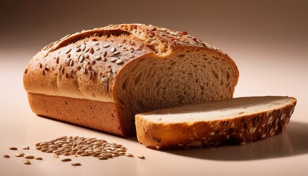 freshly sliced multigrain bread with seeds on a neutral background