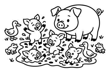 Piglets in Puddle. Playful piglets splashing in a muddy puddle while the mother pig watches, with ducks and frogs nearby, black