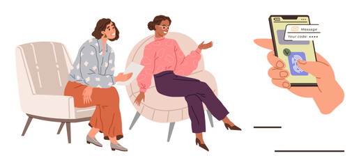 Two women engaging in casual conversation seated in comfortable chairs. Nearby, a hand holds a smartphone sending a text. Ideal for communication, connection, friendship, technology, messaging