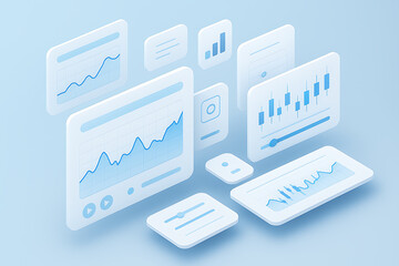 Clean 3D abstract data visualization with transparent panels of financial graphs showing stock performance and modern trading interface