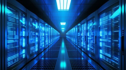 Detailed 3d illustration showcasing server racks in a modern data center environment setup