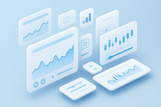 Clean 3D abstract data visualization with transparent panels of financial graphs showing stock performance and modern trading interface - Powered by Adobe
