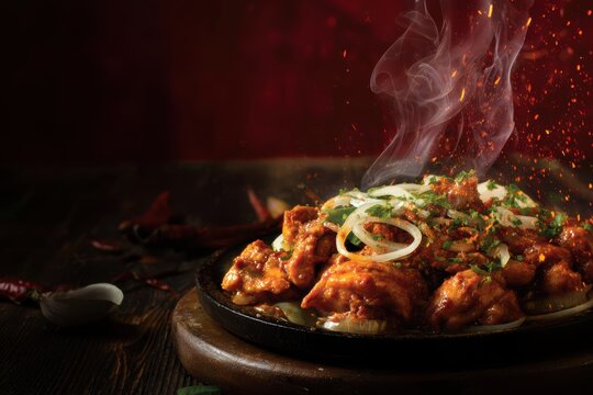 Spicy chicken tikka sizzler with onions and herbs served hot with steam and sparks on a wooden table captures the essence of Indian cuisine