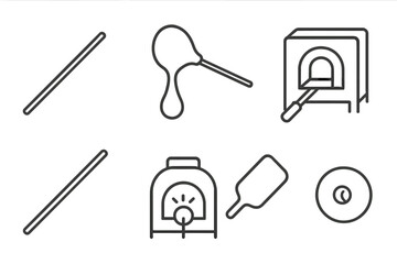 Glassblowing Tools Icons. Line style icons of Glassblowing: Blowpipe, Molten Glass, Marver, Annealing Oven, Pontil, Furnace,
