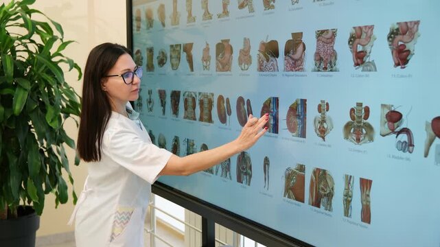 Female doctor using a large digital interactive screen to demonstrate the human anatomy, selecting and zooming in on the kidneys to explain their function in a modern medical university classroom
