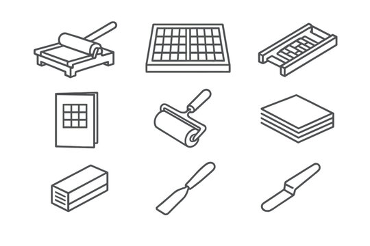 Letterpress Tool Icons. Line style icons of Letterpress: Proof Press, Type Case, Composing Stick, Printed Card, Ink Roller, Paper
