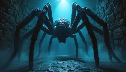 Fototapeta premium Giant spider creature lurks in dark dungeon corridor. Eerie blue mist and stone architecture create chilling atmosphere. Ominous monster evokes fear and nightmare. Surreal fantasy art.