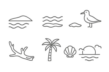 Coastal Lagoon Icons. Line style icons of Coastal Lagoon: Barrier Island, Calm Water, Sandbar, Seabird, Driftwood, Palm Tree,