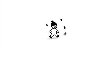 Simple drawing of a small person in winter clothing with snowflakes around them