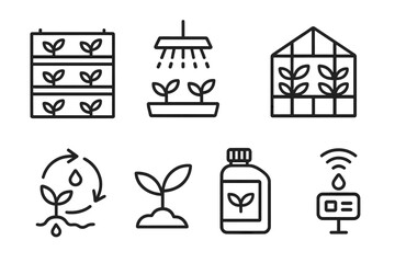 Vertical Farming Icons. Line style icons of Vertical Farm: Stacked Hydroponics, Grow Light, Tray System, Urban Greenhouse, Water