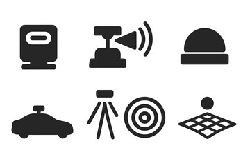 Lidar Systems Icons. Solid style icons of lidar systems: lidar scanner, rotating beam, radar waves, sensor dome, car roof, light
