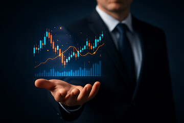 Futuristic stock market chart concept with professional presenting glowing holographic bar graph symbolizing finance performance and profit