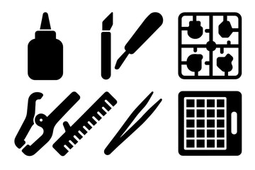 Model Making Tools. Solid style icons of Model Making: glue bottle, craft knife, sanding stick, plastic sprue, assembly clip,