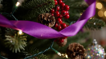 Christmas tree with blinking garland lights, pine cones, red berries, and purple ribbon, holiday season decoration video - Powered by Adobe