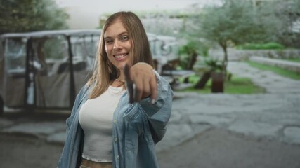 Woman in denim shirt winks and holds remote pointing at camera on urban street; playfulness invitation.