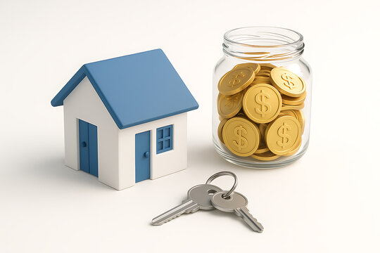 Real estate investment concept with model house keys and jar full of golden dollar coins representing property purchase and savings