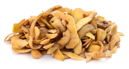 Pile of potato peels isolated on white background