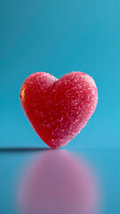 Fototapeta premium Red Heart Gummy Candy on a Blue Surface. Sweet Confectionery, Valentine Dessert, Romantic Treat.