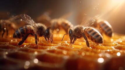 Honey bees collecting nectar on bright honeycomb surface