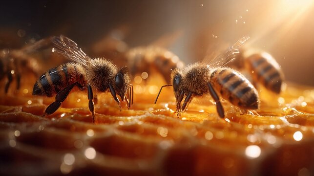 Honey bees collecting nectar on bright honeycomb surface