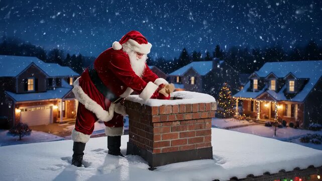 Santa Claus throws a bag of toys down the chimney of a house on Christmas Eve.