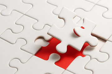 White puzzle with one piece missing on red background symbolizing teamwork problem solving uniqueness and creative business solution