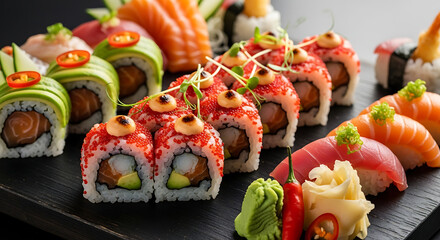 Fiery and Delicious Sushi Roll Platter: Diverse Japanese Cuisine, Fresh Fish, Chili, Avocado