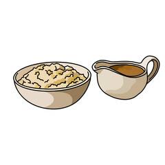 bowl of mashed potatoes and cup of gravy