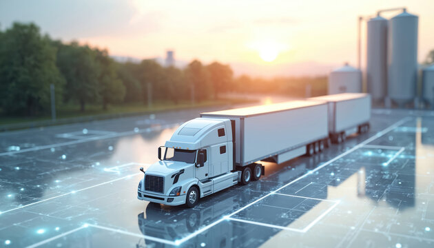 Modern logistics concept featuring white semi-truck with long trailer parked near industrial storage silos. Scene illuminated by warm sunset, with digital network lines overlaid on ground, suggesting