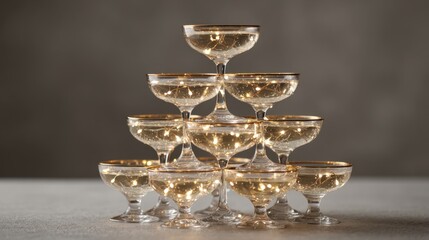 Elegant champagne glasses arranged in a pyramid shape for a festive celebration