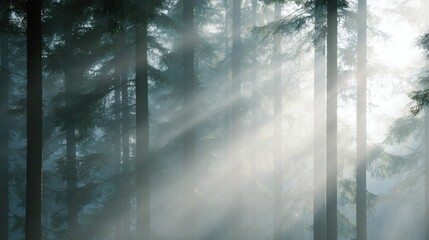 forest landscape with morning mist and sunlight beams, concept of nature conservation