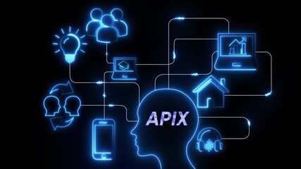 Neon blue abstract network connecting human head profile with lightbulb people laptop graduation - Powered by Adobe