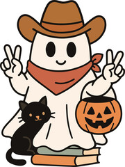 Halloween sticker with illustration , high quality PNG, ghost on cycle