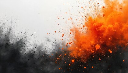 Vibrant orange, gray spray paint explosion creates dynamic abstract backdrop. Energetic splatters, mist fill space with grunge urban street art style. Modern design element with futuristic industrial