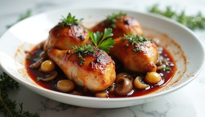 Artfully presented Coq au Vin, featuring tender chicken pieces braised in rich savory sauce with mushrooms, herbs. Classic French dish boasts rustic elegance, perfect for inviting dinners, culinary