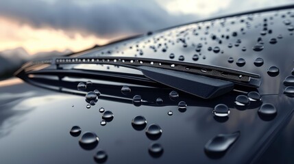 Close up of a car windshield with raindrops and frameless wiper blade in a 3d render
