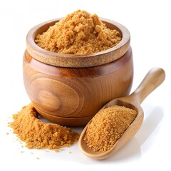 fresh organic jaggery powder inside open wooden jar on white background perfect for food design and natural product display